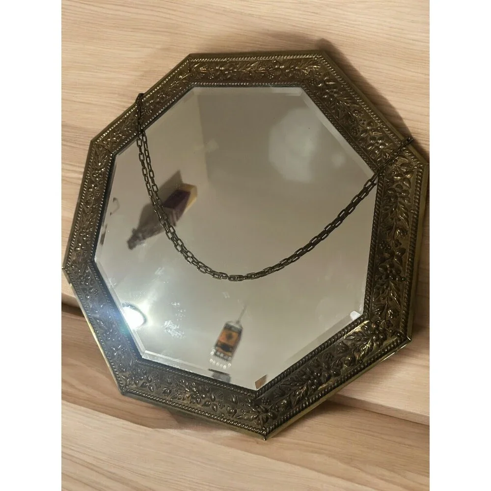 Brass Framed Mirror Ornate Floral Repousse Unique Accent Mirror VTG